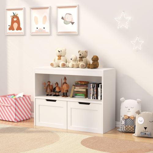 Kids Toy Storage Organizer with Drawers Open Shelves and Wheels White