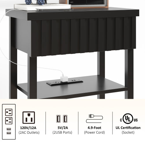 Black Fluted Nightstand with Charging Station