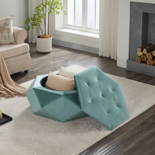 34 inch Green Polygon Velvet Storage Ottoman, Diamond Tufted Upholstered Footrest for Living Room & Bedroom Storage