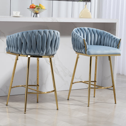 26inch  Counter height bar stools Set of 2 kitchen island counter bar stool with hand- wave back, golden chromed base and footrest(BLUE)