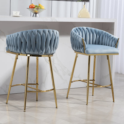 26inch  Counter height bar stools Set of 2 kitchen island counter bar stool with hand- wave back, golden chromed base and footrest(BLUE)