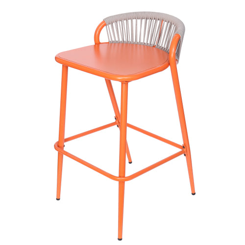 Outdoor 29" Seat Height Aluminum Frame Barstools with Rope-woven Scallop-shaped Backrest, Set of 2, Orange