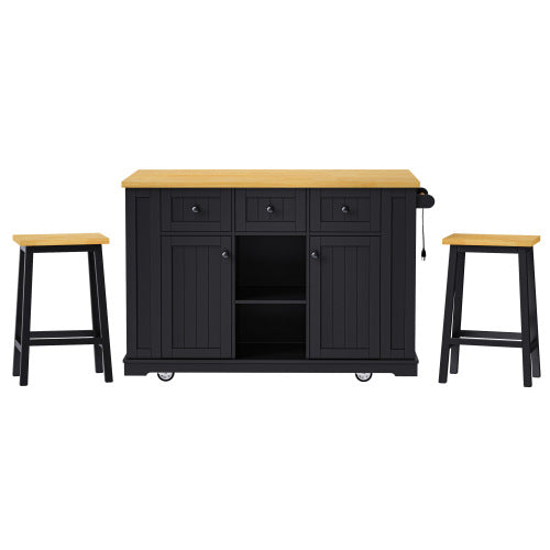 53inch Large Kitchen Island with 2 Bar Stools, Power Outlet,Door Internal Storage Rack, Kitchen Storage Cart on 5 Wheels with Drop Leaf, 5 Open Side Racks, 3 Drawers,Black (Three Packages)
