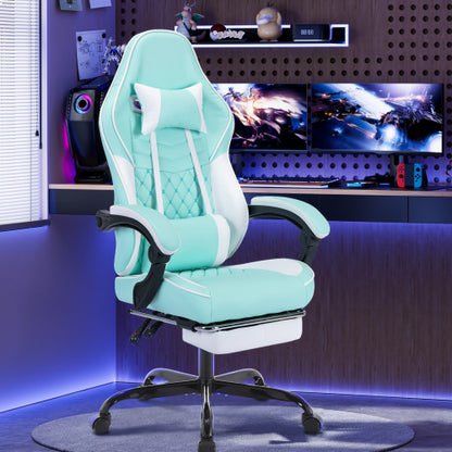 Ergonomic Video Gamer Chairs,Computer Gaming Chairs with Massage Lumbar Support and footrest,Racing Style Computer Chair Adjustable Headrest for Adults,GREEN