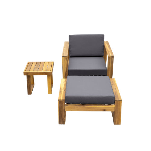 STYLE Acacia Wood Outdoor Lounge Set - Chair and Ottoman with Removable Cushions