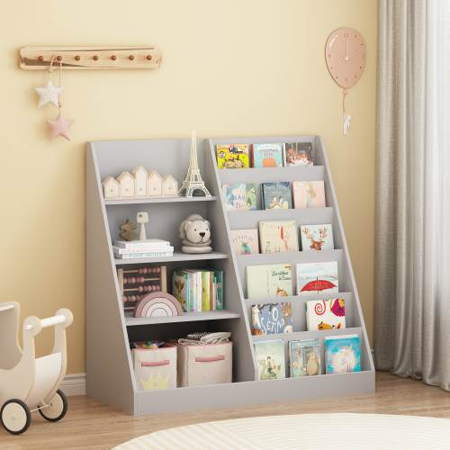 Gray 4-Tier Multi-functional Kids MDF Bookshelf, 2-Shelf 1-Bin Toddler Playroom Storage Organizer