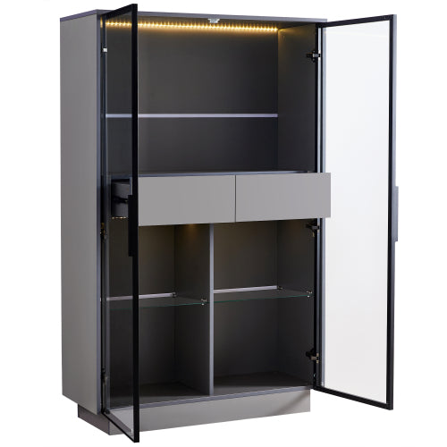 60.6'' Freestanding Grey Glass Door Display Cabinet LED Light Adjustable Shelves Home Storage Cabinet