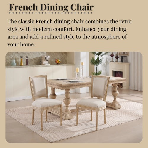 Set of 2 Beige French Country Dining Chairs, Solid Wood Chairs with Carving & Brushed Finish