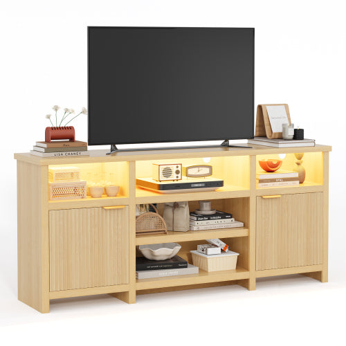 Oak Highboy LED TV Stand with Adjustable Storage Cabinets for 80 Inch TV Entertainment Center