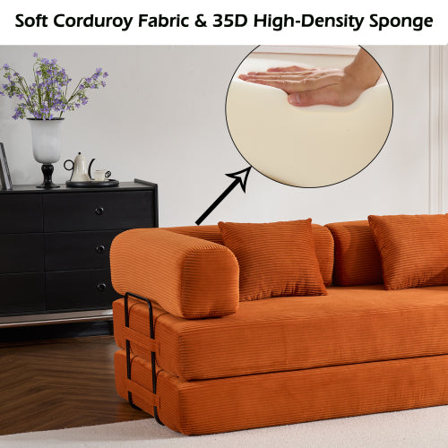 Orange Corduroy Convertible SofaBed with FixedShape Reinforced Metal Frame