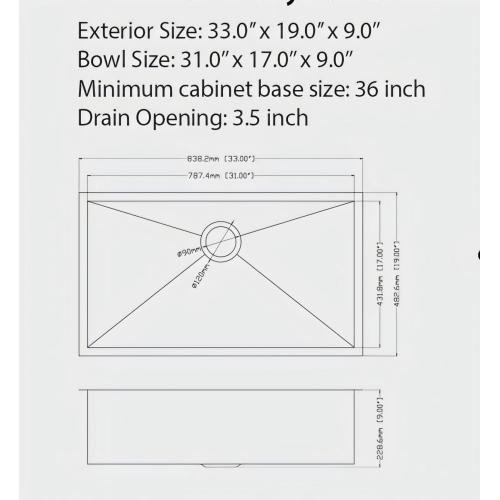 33"x19"x9" Gunmetal Black Undermount Kitchen Sink 16 Gauge Single Bowl with Drain Assembly