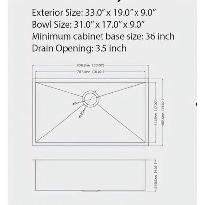 33"x19"x9" Gunmetal Black Undermount Kitchen Sink 16 Gauge Single Bowl with Drain Assembly