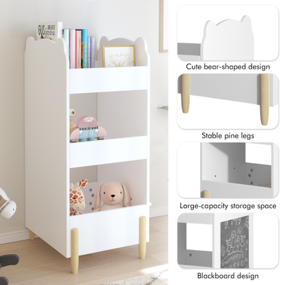 White Bear Shape Kids Bookshelf with Side Chalkboard, 3-Tier Open Storage Toddler Toy Book Organizer