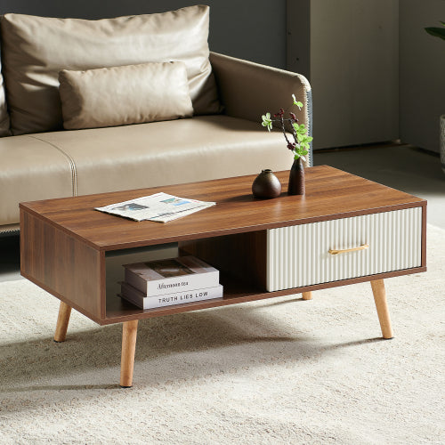 40.94inch  Rectangle Coffee Table with Drawer, Walnut Solid Wood Leg Table, 220lbs Load