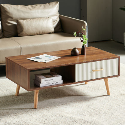 40.94inch  Rectangle Coffee Table with Drawer, Walnut Solid Wood Leg Table, 220lbs Load