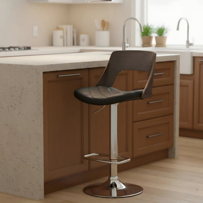 Modern Stylish Wood Back Adjustable Swivel Bar Stool with Diamond Quilted Finish Curved Seat and Back, Weathered Oak