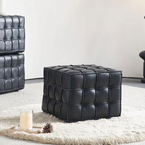17.32 inch Genuine Leather Tufted Ottoman Footstool, Black