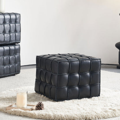 17.32 inch Genuine Leather Tufted Ottoman Footstool, Black