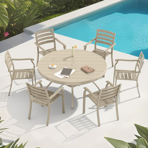 Outdoor Round Patio Dining Table for 6-7, All Weather Metal Dining Table with Umbrella Hole for Deck Lawn Garden Backyard, Sandstone Color