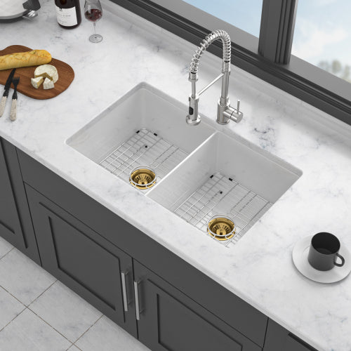 32"x19"x10" Undermount Double Bowl Porcelain Fireclay Kitchen Sink - Dual Mount White Fireclay Rectangular Deep Double Bowl Sink Basin