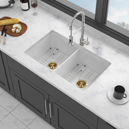 32"x19"x10" Undermount Double Bowl Porcelain Fireclay Kitchen Sink - Dual Mount White Fireclay Rectangular Deep Double Bowl Sink Basin