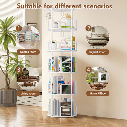 White 5-Tier 360¡ã Rotating Book Tower Vertical Spinning Design Space-Saving Home Living Room Storage Organizer