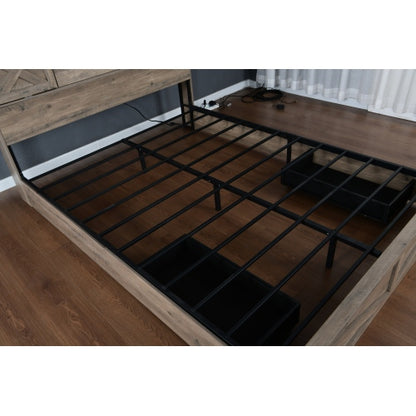 Farmhouse Bed Frame Queen Size with LED Lights and Charging Station, Wooden Queen Bed with 2 Storage Drawers, Rustic Headboard with Sliding Barn Door Storage Cabinets