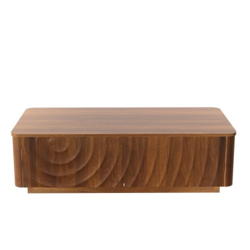 47 Inch Wave Texture Coffee Table with 2 Drawers Hidden Base Walnut Brown