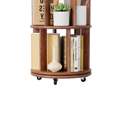 Solid Wood 360° Rotating 4-Tier Wheel Mobile Walnut Bookshelf