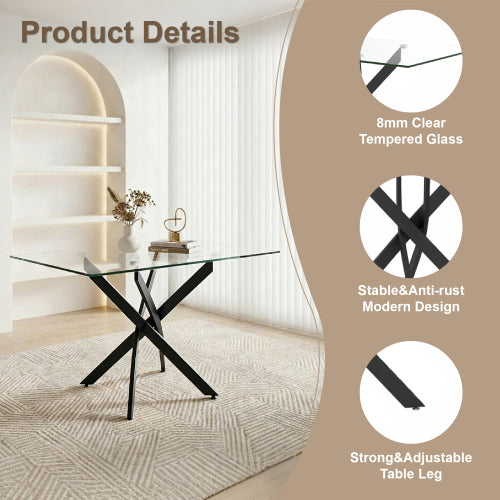 47-Inch Glass Dining Table with Black Legs for Modern Home