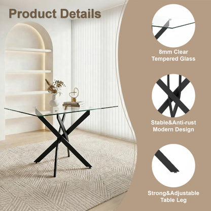 47-Inch Glass Dining Table with Black Legs for Modern Home