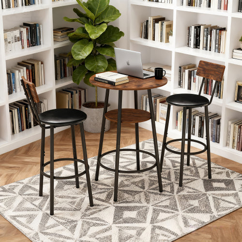 3 Pieces Round Bar Table and Chairs Set, Small Dining Table for 2 with 2-Tier Storage & 2 PU Upholstered Bar Stools for Kitchen, Dining Room, Living Room, Bar, Cafe, Small Space Corner, Rustic Brown