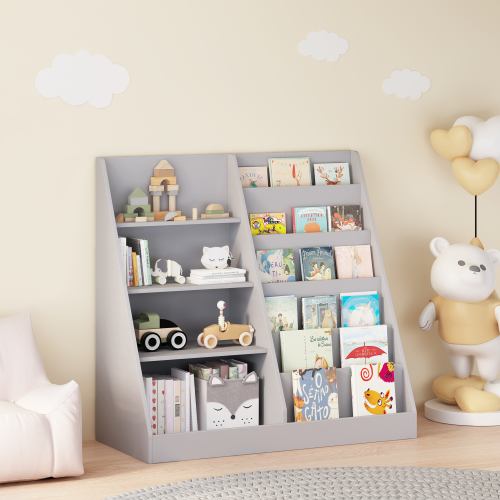 Gray 4-Tier Multi-functional Kids MDF Bookshelf, 2-Shelf 1-Bin Toddler Playroom Storage Organizer
