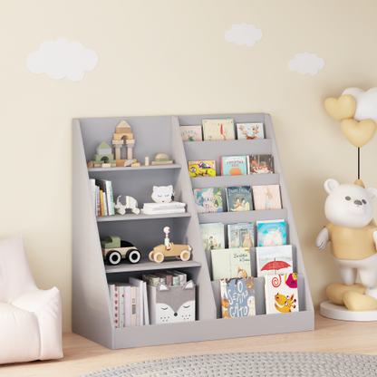 Gray 4-Tier Multi-functional Kids MDF Bookshelf, 2-Shelf 1-Bin Toddler Playroom Storage Organizer