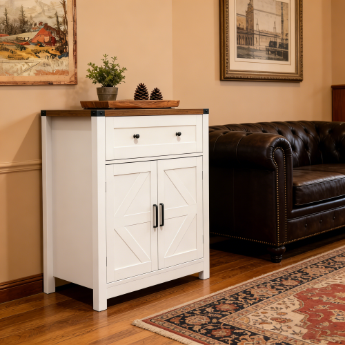 White & Wood-Grain Top Farmhouse Barn-Door Storage Cabinet, Coffee Bar Buffet Sideboard with Drawer for Kitchen & Living Room