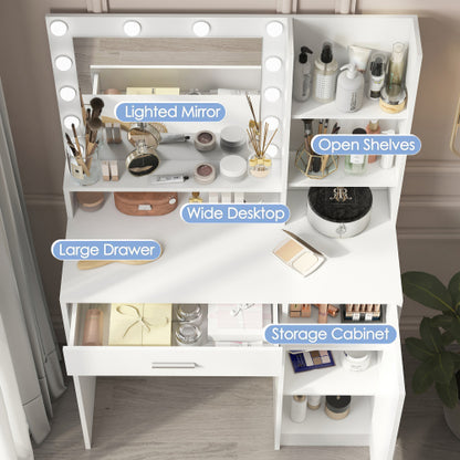 White Vanity Desk with Mirror & Light, 12 LED Bulbs, Large Drawer, 3 Shelves & 3-Level Cabinets, 3 Lighting Modes