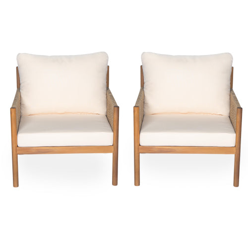 [Set of 2] Modern Outdoor Woven Lounge Chair with Solid Wood Frame and Comfortable Polyester Cushions, Perfect for Patio, Garden, or Balcony