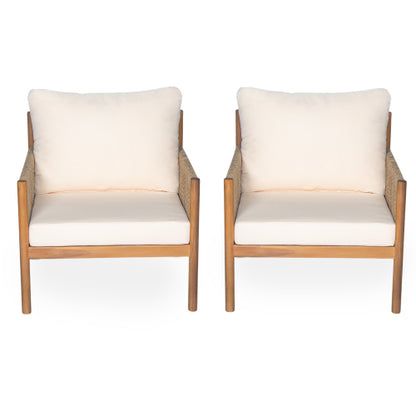 [Set of 2] Modern Outdoor Woven Lounge Chair with Solid Wood Frame and Comfortable Polyester Cushions, Perfect for Patio, Garden, or Balcony