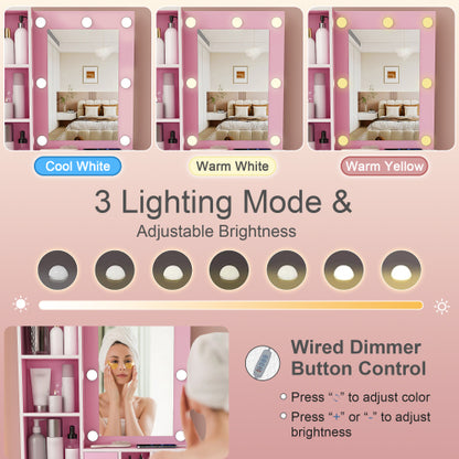 Pink Compact LED Vanity Table Set, Power Outlet, Hairdryer Holder, Drawers & Upholstered Stool