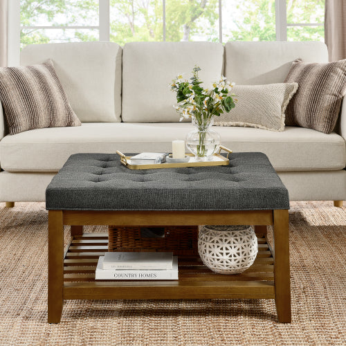 33.5 inch Dark Gray Tufted Linen Square Ottoman Coffee Table, Beech Wood Frame Storage Footrest Ottoman