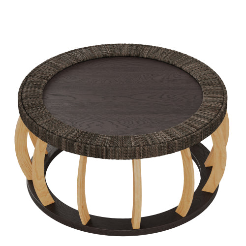 35.43inch  Vintage Rattan Round Coffee Table, Solid Wood Curved Leg Boho Table, Black Brown, 110lbs Capacity