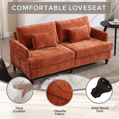 Orange Chenille Mid-Century 2-Seat Loveseat,Brown Wood Legs