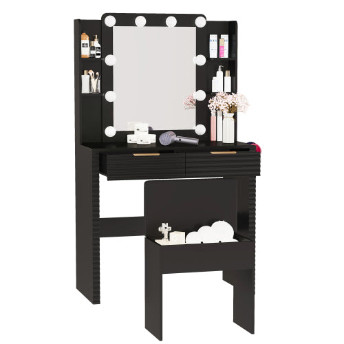 Makeup Vanity Desk with 10 Hollywood Bulbs, Fluted Dressing Table with Charging Station, 2 Drawers and 4 Open Shelves, Hairdryer Holder, Padded Stool with Storage , Black