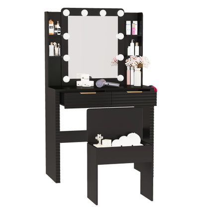 Makeup Vanity Desk with 10 Hollywood Bulbs, Fluted Dressing Table with Charging Station, 2 Drawers and 4 Open Shelves, Hairdryer Holder, Padded Stool with Storage , Black