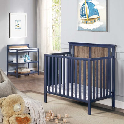 Mini Crib With Mattress Pad Midnight Blue/Vintage Walnut