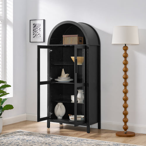 Black High Arched LED Light Storage Cabinet MDF Poplar Wood Adjustable Glass Partition Multi-Functional Home Display Cabinet