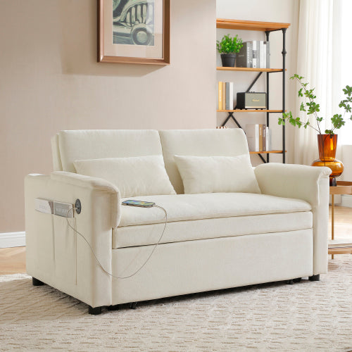 Beige 55 inch  Velvet 3-in-1 Pull-Out Loveseat Sofa-Bed,USB & Side Pockets