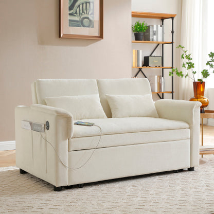 Beige 55 inch  Velvet 3-in-1 Pull-Out Loveseat Sofa-Bed,USB & Side Pockets