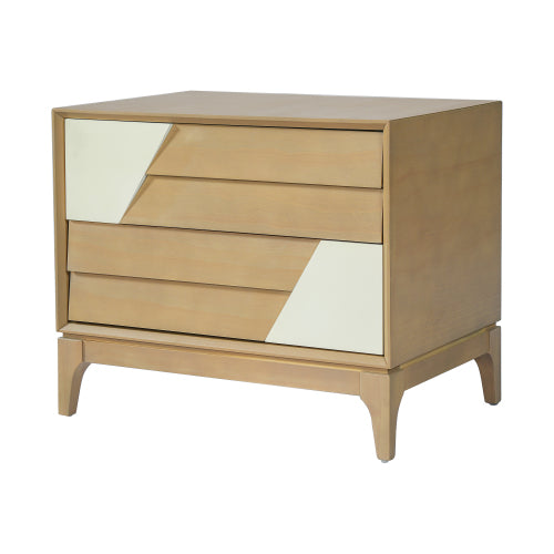 Natural & Cream White Japandi Nightstand, 2-Drawer Angled Patchwork Side Table with Tapered Legs