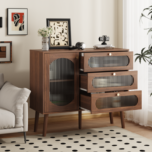Accent Cabinet with 3 Drawers and Door, Wooden Storage Cabinet with Shelves, Sideboard for Living Room, Entryway, Natural